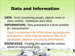 Data and Information
DATA: Facts concerning people, objects, vents or
other entities. Databases store data.
INFORMATION: Data presented in a form suitable
for interpretation.
Data is converted into information by programs
and queries. Data may be stored in files or in
databases. Neither one stores information.
KNOWLEDGE: Insights into appropriate actions
based on interpreted data.
 