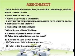 ASSIGNMENT
1-What is the difference of data, information, knowledge, wisdom?
2-Who is Data Science?
3-What data scientist do?
4-Why data science is important?
5- WHY IS PYTHON PREFERRED OVER OTHER DATA SCIENCE TOOLS?
6-List data science lifecycle
7-Write steps of data analysis
8-Write Types of Data We Have
9-Address Aspects in Data Science
10-What data scientists spend the most?
11-How Much Data Do We have?
12- Talk about data science pipeline.
13- what is the Data management?
 
