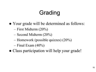 Grading
 Your grade will be determined as follows:
– First Midterm (20%)
– Second Midterm (20%)
– Homework (possible quizzes) (20%)
– Final Exam (40%)
 Class participation will help your grade!
16
 
