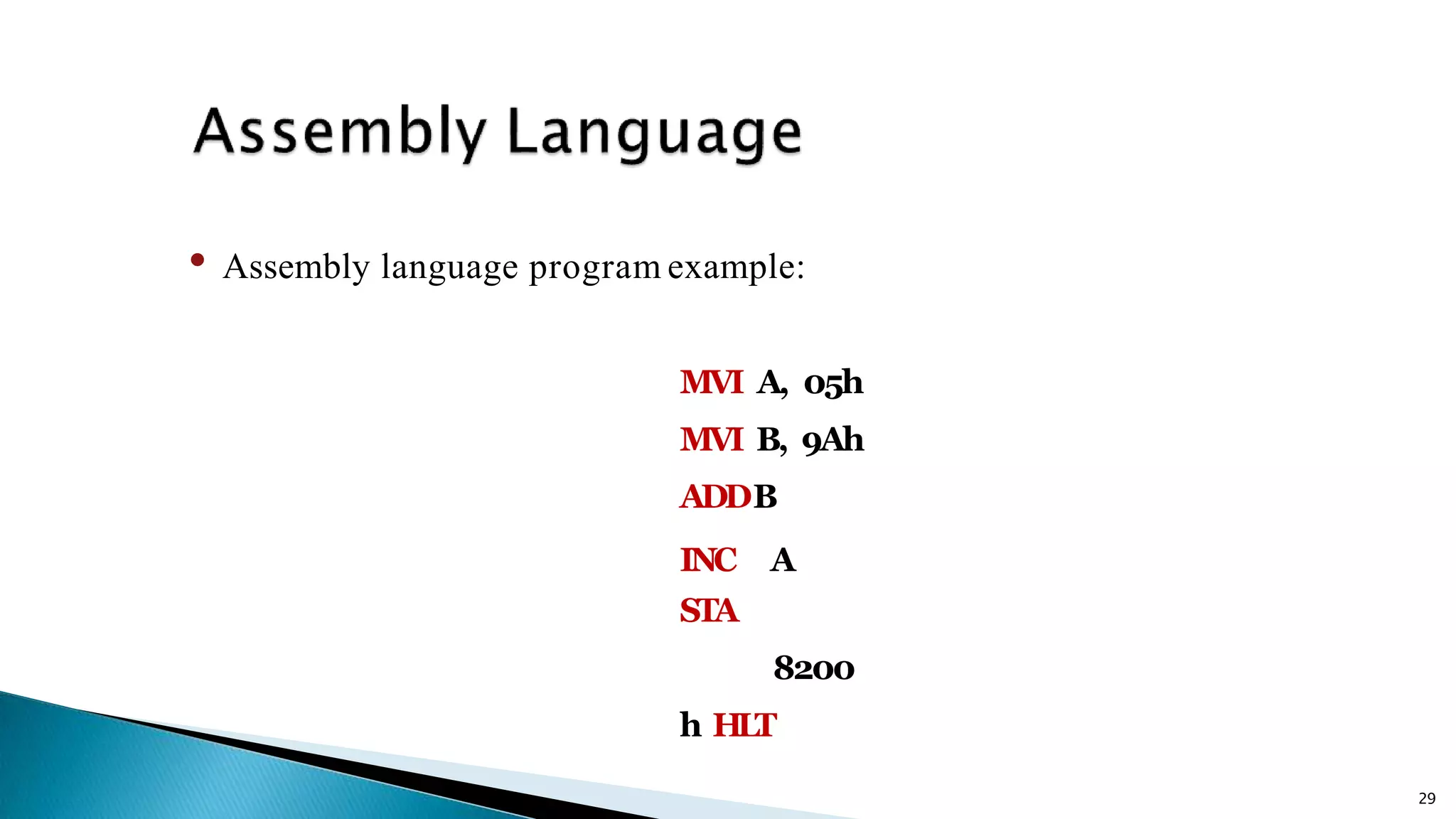 29 • Assembly language program example: MVI A, 05h MVI B, 9Ah ADDB INC A STA 8200 h HLT 