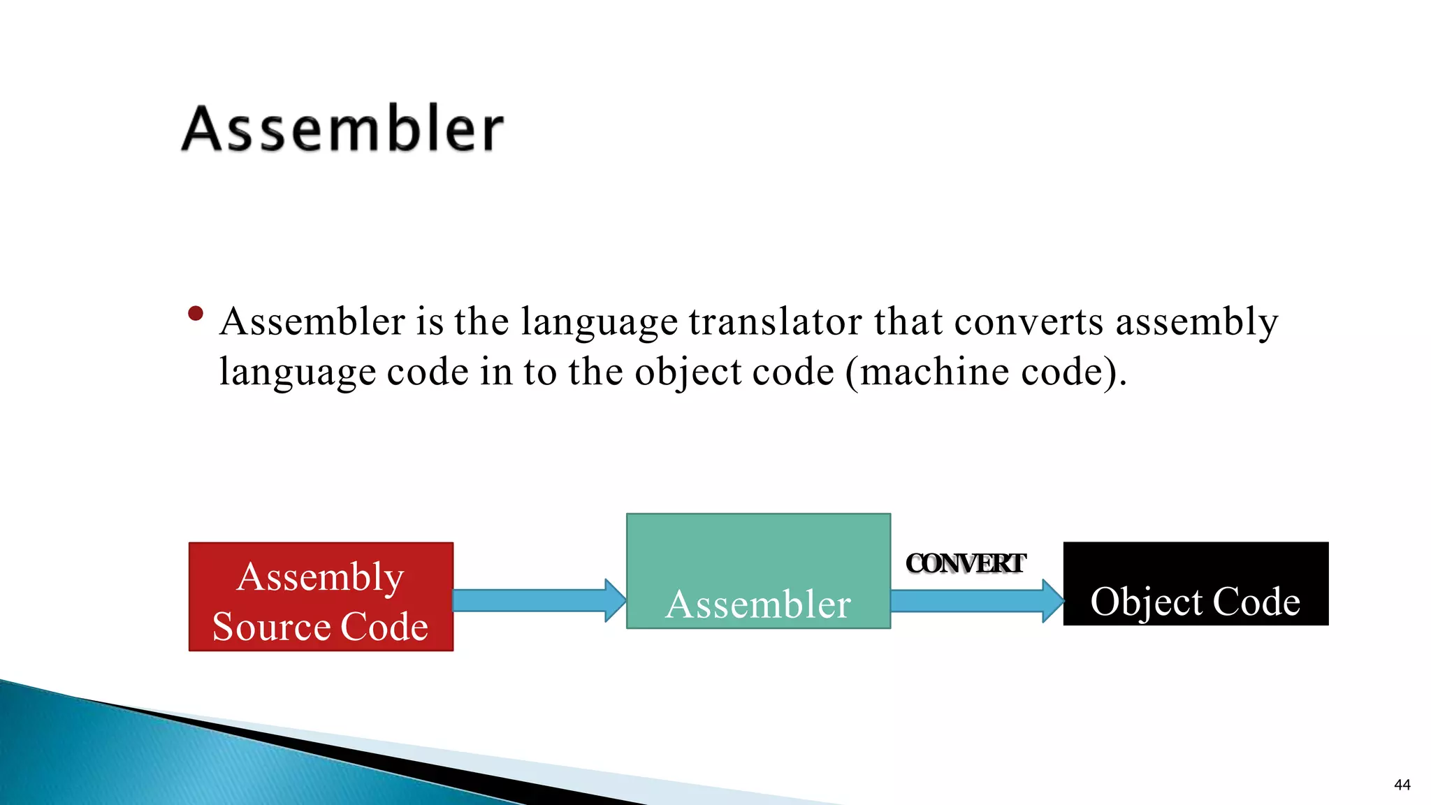 44 • Assembler is the language translator that converts assembly language code in to the object code (machine code). Assembly Source Code Object Code CONVERT Assembler 