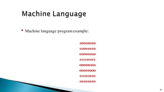 26
• Machine language program example:
10010010
11001010
01001010
11110101
00000101
00101000
11101010
10101010
 