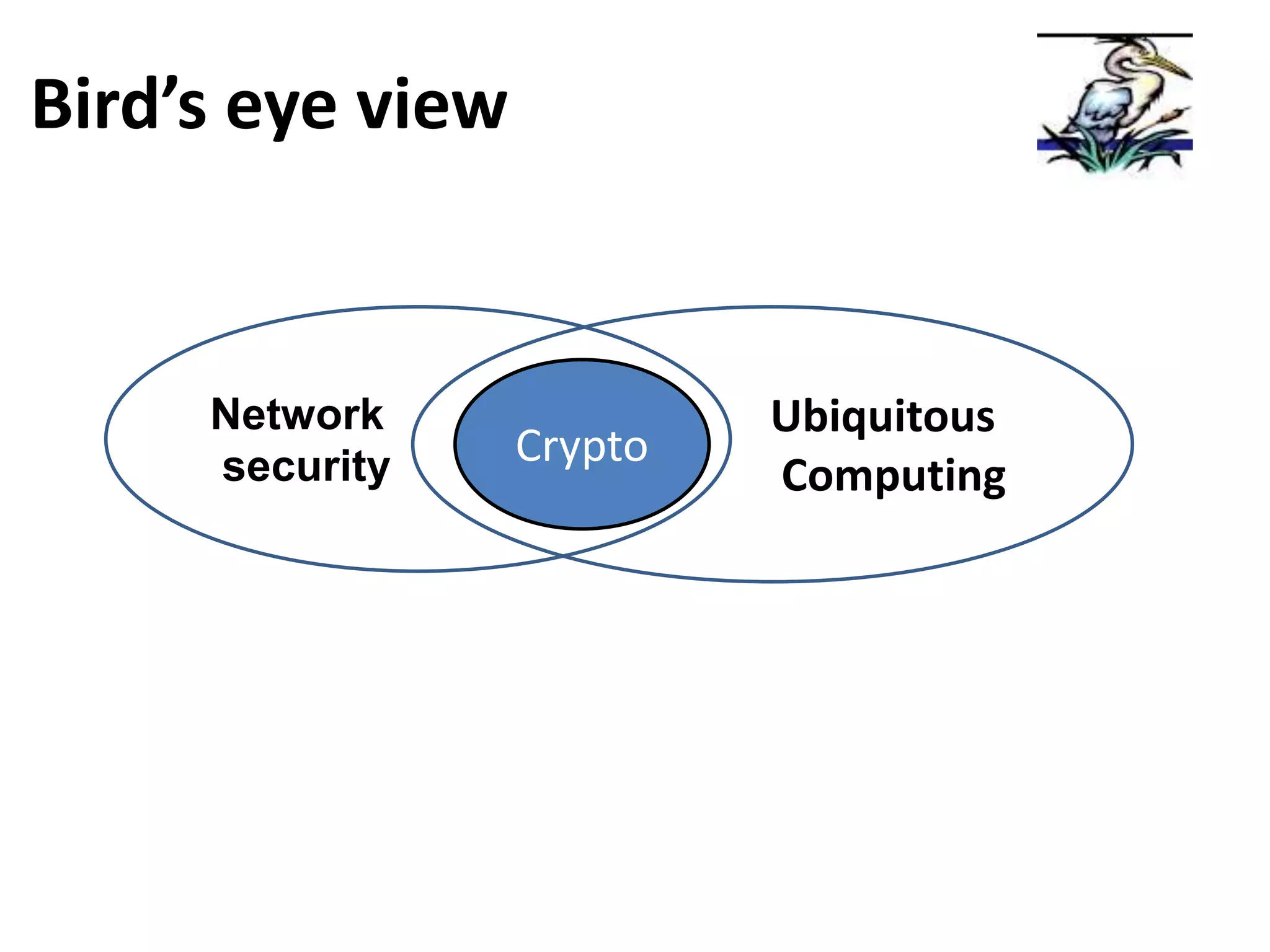 Bird’s eye view


     Network               Ubiquitous
     security     Crypto
                           Computing
 