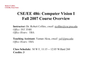 Robert Collins
CSE486, Penn State



                CSE/EE 486: Computer Vision I
                  Fall 2007 Course Overview
 