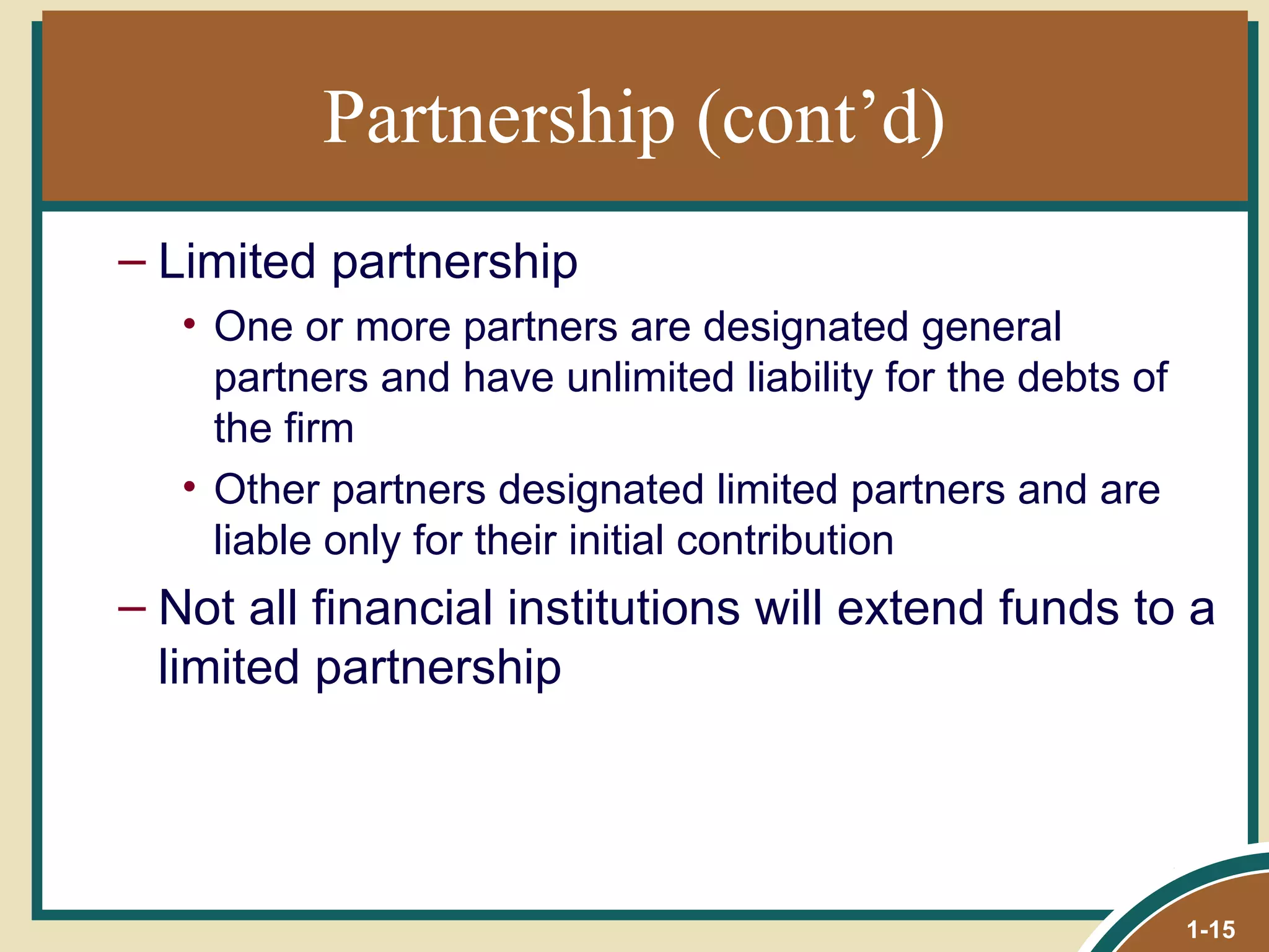 Partnership (cont’d) Limited partnership One or more partners are designated general partners and have unlimited liability for the debts of the firm Other partners designated limited partners and are liable only for their initial contribution Not all financial institutions will extend funds to a limited partnership 1- 