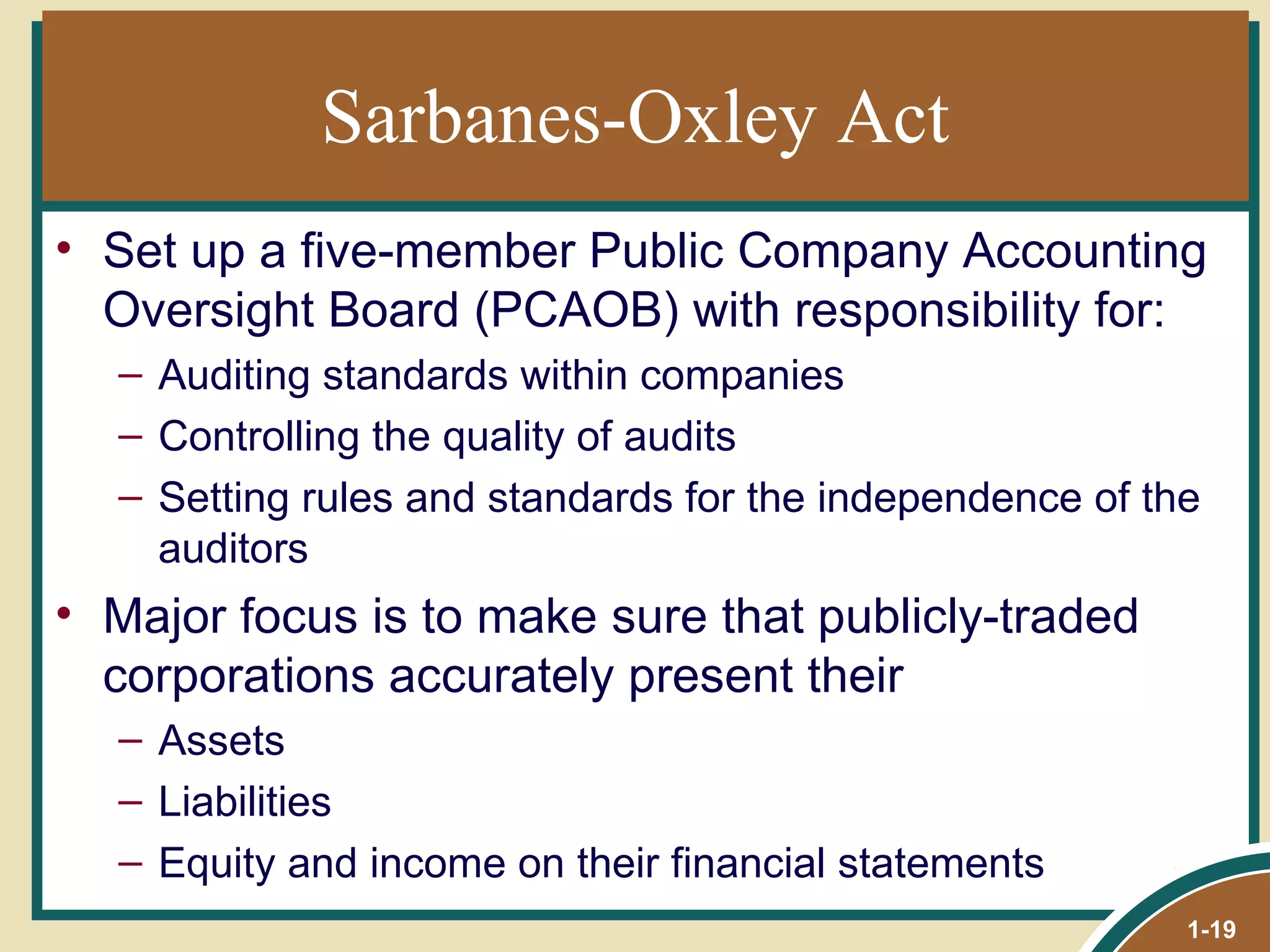 Sarbanes-Oxley Act Set up a five-member Public Company Accounting Oversight Board (PCAOB) with responsibility for: Auditing standards within companies Controlling the quality of audits Setting rules and standards for the independence of the auditors Major focus is to make sure that publicly-traded corporations accurately present their Assets Liabilities Equity and income on their financial statements 1- 