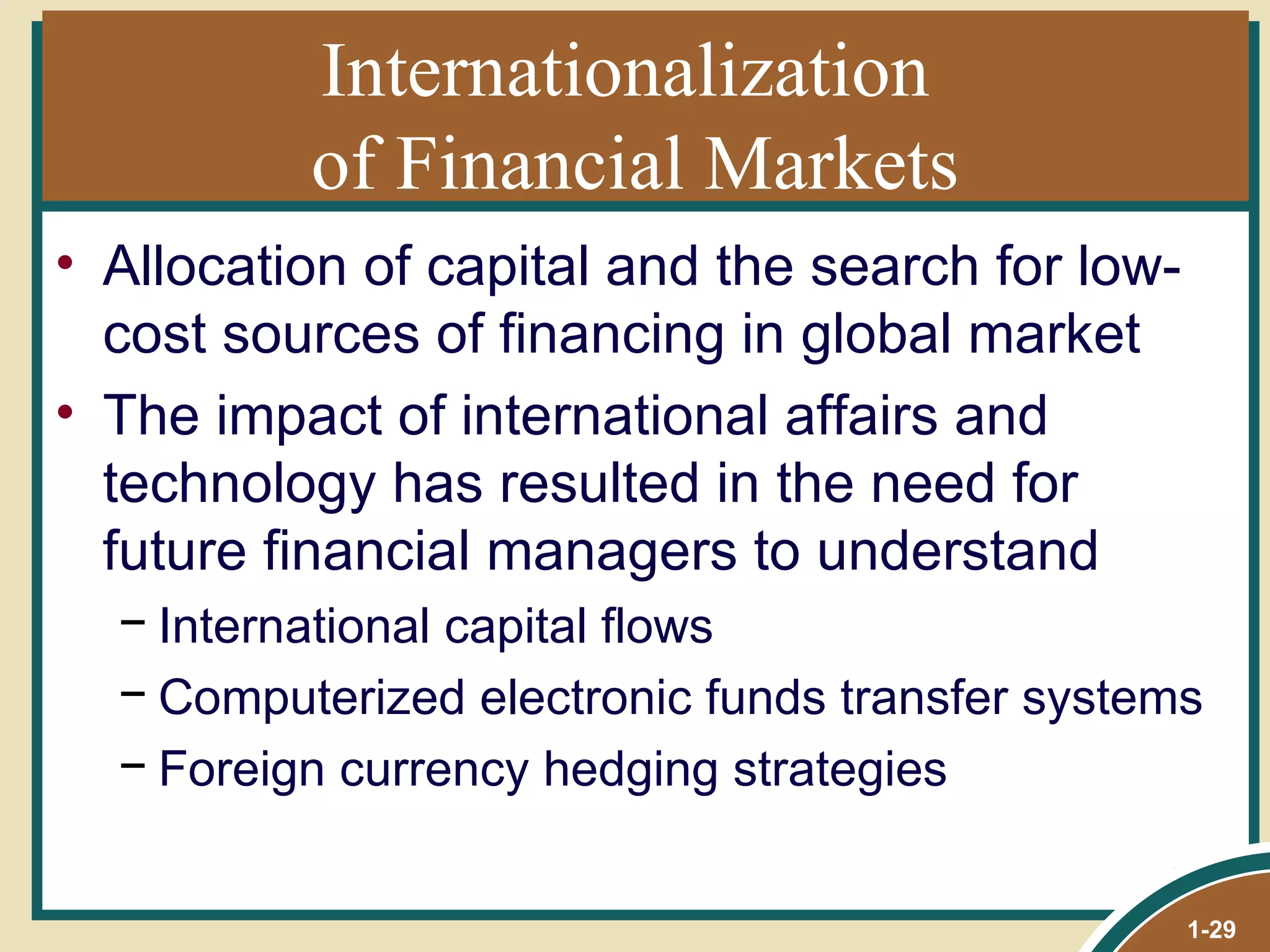 Internationalization  of Financial Markets Allocation of capital and the search for low-cost sources of financing in global market The impact of international affairs and technology has resulted in the need for future financial managers to understand  International capital flows Computerized electronic funds transfer systems Foreign currency hedging strategies 1- 