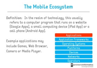 The Mobile Ecosystem
Definition: In the realm of technology, this usually
  refers to a computer program that runs on a website
  (Google Apps), a small computing device (iPad App) or a
  cell phone (Android App).
                                          Applications
                                    Application Frameworks
Example applications may
                                      Operating Systems
include Games, Web Browser,
                                           Platforms
Camera or Media Player.                     Devices
                                           Networks
                                           Operators
 