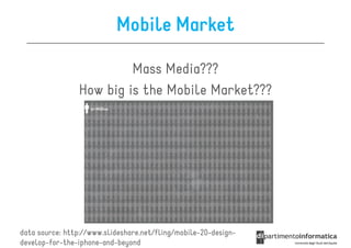 Mobile Market

                         Mass Media???
                How big is the Mobile Market???




data source: http://www.slideshare.net/fling/mobile-20-design-
develop-for-the-iphone-and-beyond
 