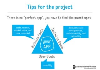 Tips for the project
There is no “perfect app”, you have to find the sweet spot

     costs, revenue,                       development or
    market share, and                       configuration,
     time to market                      maintainability, and
                                              reliability

                          your
                          APP
                        User Goals

                          usability
 