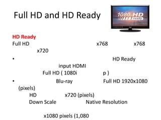 Full HD and HD Ready

HD Ready
Full HD                             x768           x768
           x720
•                                          HD Ready
                    input HDMI
             Full HD ( 1080i          p)
•                  Blu-ray            Full HD 1920x1080
    (pixels)
         HD           x720 (pixels)
         Down Scale            Native Resolution

              x1080 pixels (1,080
 