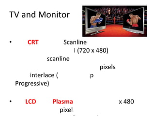 TV and Monitor

•       CRT           Scanline
                         i (720 x 480)
                scanline
                                   pixels
         interlace (           p
    Progressive)

•      LCD       Plasma                     x 480
                    pixel
 