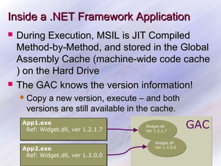 Inside a .NET Framework Application




During Execution, MSIL is JIT Compiled
Method-by-Method, and stored in the Global
Assembly Cache (machine-wide code cache
) on the Hard Drive
The GAC knows the version information!
 Copy

a new version, execute – and both
versions are still available in the cache.

App1.exe
Ref: Widget.dll, ver 1.2.1.7
App2.exe
Ref: Widget.dll, ver 1.3.0.0

Widget.dll
Ver 1.2.1.7

GAC

Widget.dll
Ver 1.3.0.0
31

 