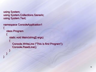 using System;
using System.Collections.Generic;
using System.Text;
namespace ConsoleApplication1
{
class Program
{
static void Main(string[] args)
{
Console.WriteLine ("This is first Program");
Console.ReadLine();
}
}
}

36

 