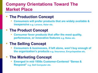 Company Orientations Toward The
Market Place

• The Production Concept
• Consumers will prefer products that are widely av...