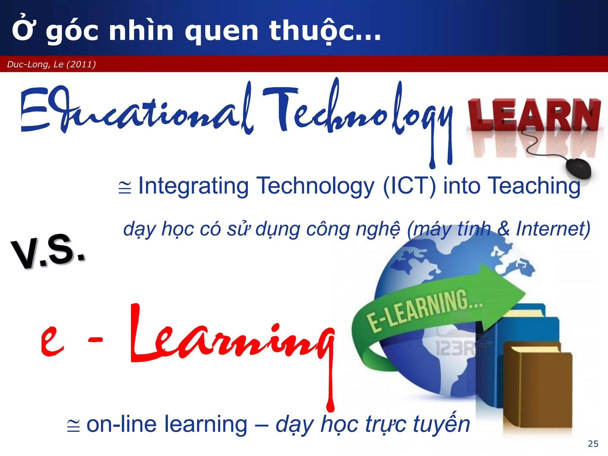 25
Duc-Long, Le (2011)
Ở góc nhìn quen thuộc…
 Integrating Technology (ICT) into Teaching
 on-line learning – dạy học trực tuyến
dạy học có sử dụng công nghệ (máy tính & Internet)
 