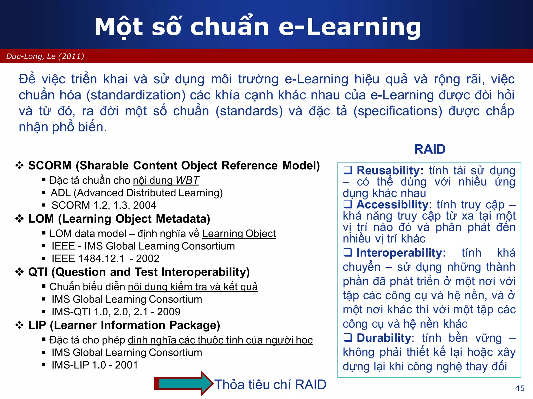 45
Duc-Long, Le (2011)
Một số chuẩn e-Learning
Để việc triển khai và sử dụng môi trường e-Learning hiệu quả và rộng rãi, việc
chuẩn hóa (standardization) các khía cạnh khác nhau của e-Learning được đòi hỏi
và từ đó, ra đời một số chuẩn (standards) và đặc tả (specifications) được chấp
nhận phổ biến.
 Reusability: tính tái sử dụng
– có thể dùng với nhiều ứng
dụng khác nhau
 Accessibility: tính truy cập –
khả năng truy cập từ xa tại một
vị trí nào đó và phân phát đến
nhiều vị trí khác
 Interoperability: tính khả
chuyển – sử dụng những thành
phần đã phát triển ở một nơi với
tập các công cụ và hệ nền, và ở
một nơi khác thì với một tập các
công cụ và hệ nền khác
 Durability: tính bền vững –
không phải thiết kế lại hoặc xây
dựng lại khi công nghệ thay đổi
 SCORM (Sharable Content Object Reference Model)
 Đặc tả chuẩn cho nội dung WBT
 ADL (Advanced Distributed Learning)
 SCORM 1.2, 1.3, 2004
 LOM (Learning Object Metadata)
 LOM data model – định nghĩa về Learning Object
 IEEE - IMS Global Learning Consortium
 IEEE 1484.12.1 - 2002
 QTI (Question and Test Interoperability)
 Chuẩn biểu diễn nội dung kiểm tra và kết quả
 IMS Global Learning Consortium
 IMS-QTI 1.0, 2.0, 2.1 - 2009
 LIP (Learner Information Package)
 Đặc tả cho phép định nghĩa các thuộc tính của người học
 IMS Global Learning Consortium
 IMS-LIP 1.0 - 2001
RAID
Thỏa tiêu chí RAID
 