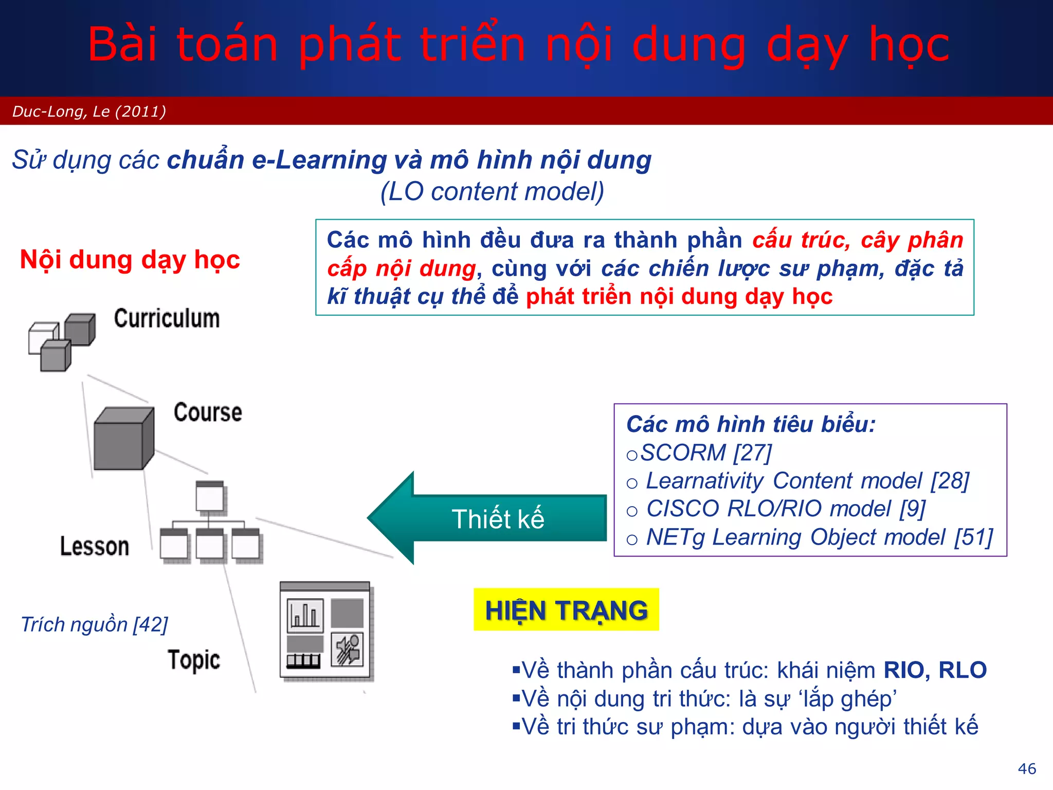 46
Duc-Long, Le (2011)
Bài toán phát triển nội dung dạy học
Các mô hình đều đưa ra thành phần cấu trúc, cây phân
cấp nội dung, cùng với các chiến lược sư phạm, đặc tả
kĩ thuật cụ thể để phát triển nội dung dạy học
Sử dụng các chuẩn e-Learning và mô hình nội dung
(LO content model)
Trích nguồn [42]
Các mô hình tiêu biểu:
oSCORM [27]
o Learnativity Content model [28]
o CISCO RLO/RIO model [9]
o NETg Learning Object model [51]
Nội dung dạy học
Thiết kế
HIỆN TRẠNG
Về thành phần cấu trúc: khái niệm RIO, RLO
Về nội dung tri thức: là sự ‘lắp ghép’
Về tri thức sư phạm: dựa vào người thiết kế
 