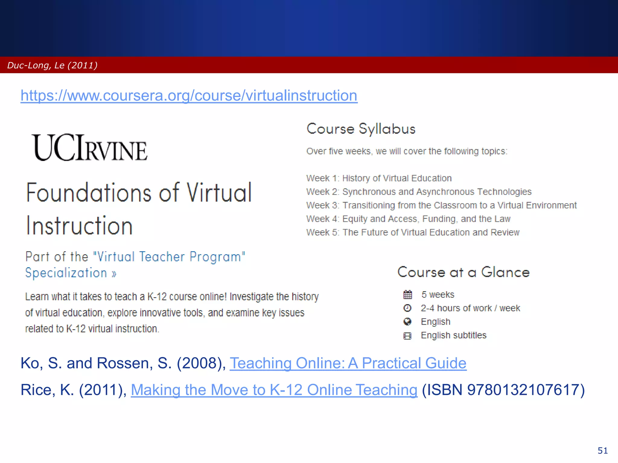 51
Duc-Long, Le (2011)
Ko, S. and Rossen, S. (2008), Teaching Online: A Practical Guide
https://www.coursera.org/course/virtualinstruction
Rice, K. (2011), Making the Move to K-12 Online Teaching (ISBN 9780132107617)
 