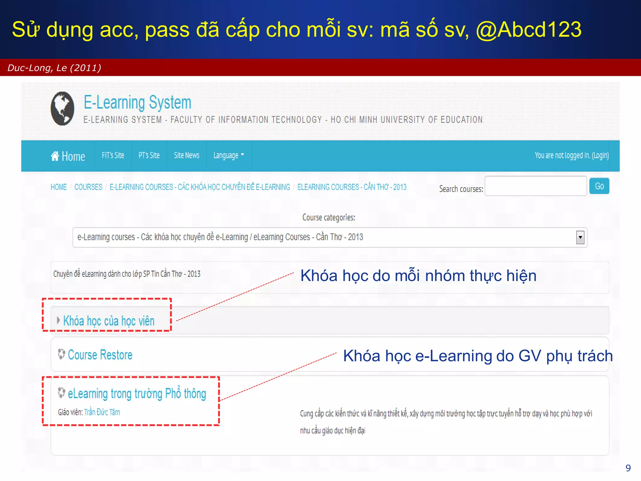 9
Duc-Long, Le (2011)
Sử dụng acc, pass đã cấp cho mỗi sv: mã số sv, @Abcd123
Khóa học e-Learning do GV phụ trách
Khóa học do mỗi nhóm thực hiện
 