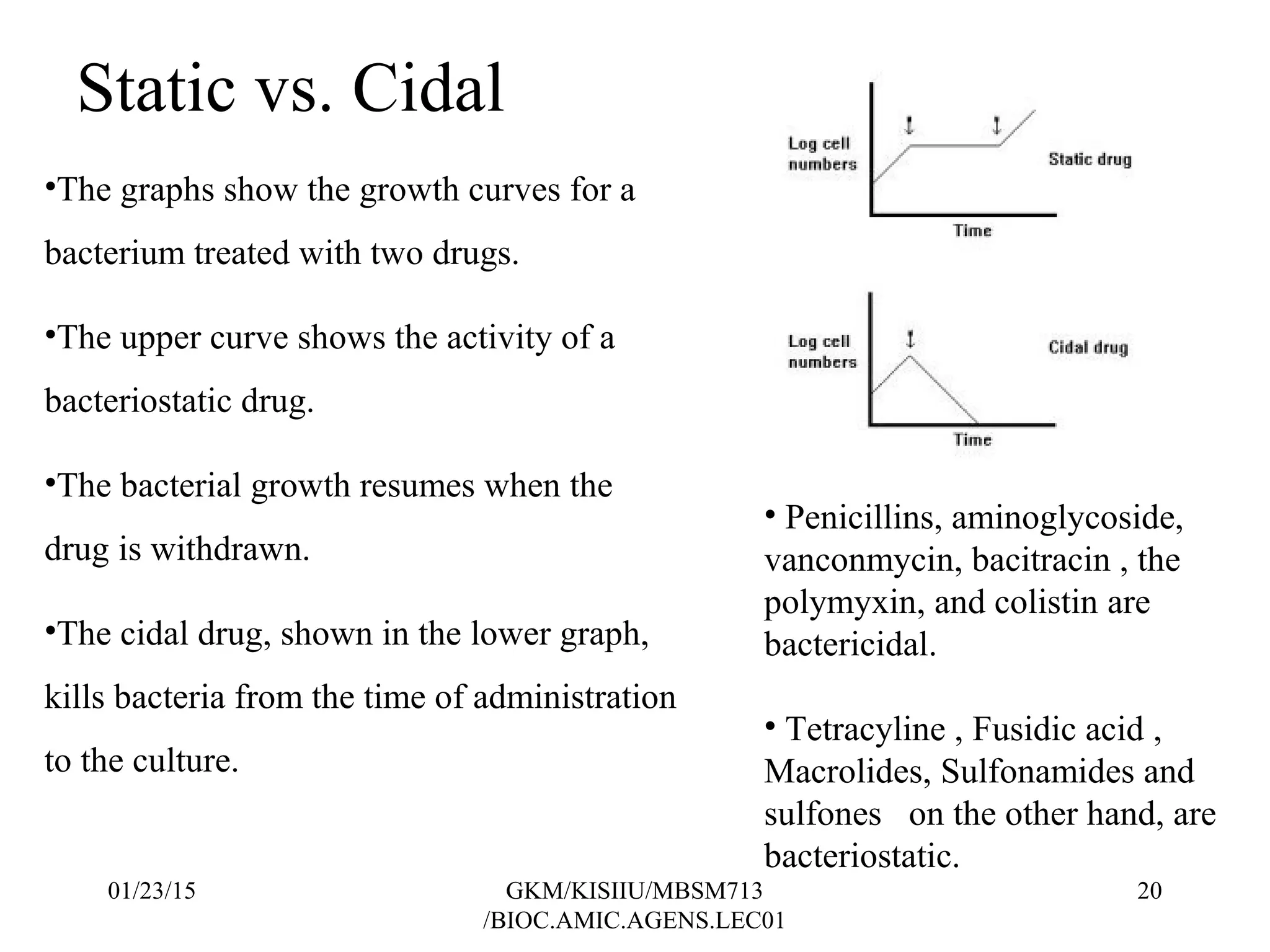Static vs. Cidal
•The graphs show the growth curves for a
bacterium treated with two drugs.
•The upper curve shows the activity of a
bacteriostatic drug.
•The bacterial growth resumes when the
drug is withdrawn.
•The cidal drug, shown in the lower graph,
kills bacteria from the time of administration
to the culture.
• Penicillins, aminoglycoside,
vanconmycin, bacitracin , the
polymyxin, and colistin are
bactericidal.
• Tetracyline , Fusidic acid ,
Macrolides, Sulfonamides and
sulfones on the other hand, are
bacteriostatic.
01/23/15 20GKM/KISIIU/MBSM713
/BIOC.AMIC.AGENS.LEC01
 