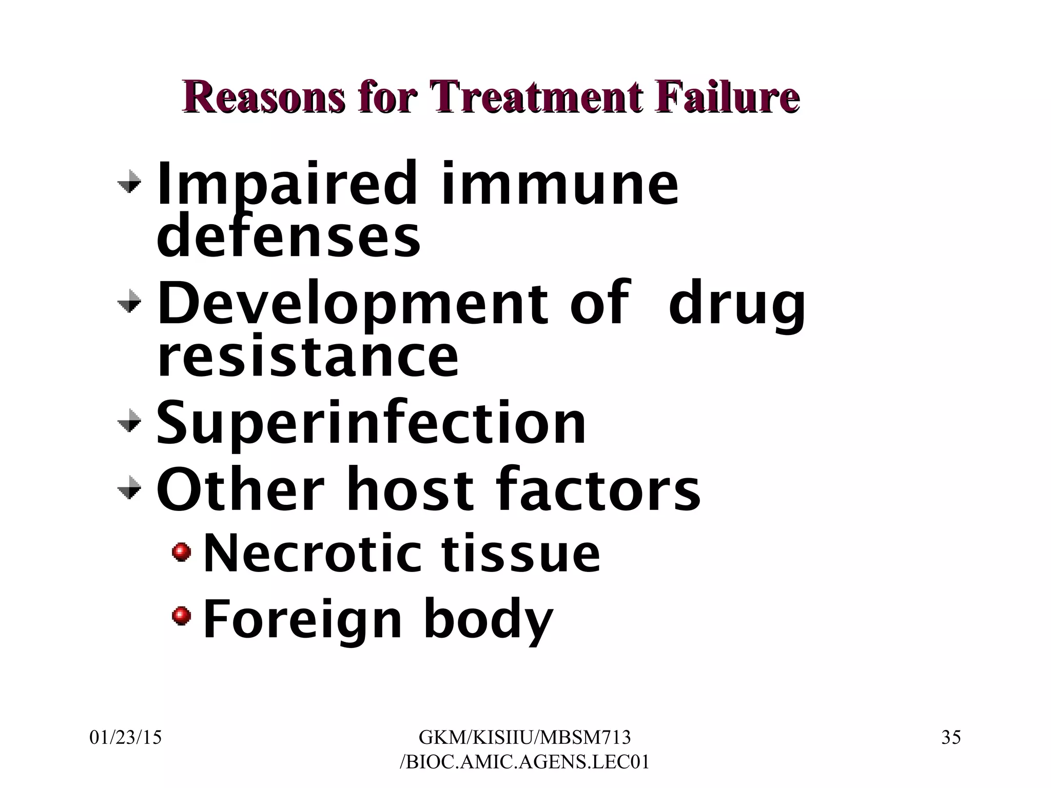 Reasons for Treatment FailureReasons for Treatment Failure
Impaired immune
defenses
Development of drug
resistance
Superinfection
Other host factors
Necrotic tissue
Foreign body
01/23/15 35GKM/KISIIU/MBSM713
/BIOC.AMIC.AGENS.LEC01
 
