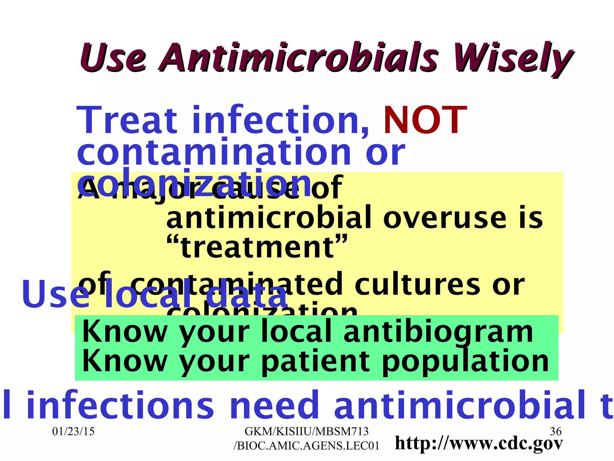 A major cause of
antimicrobial overuse is
“treatment”
of contaminated cultures or
colonization.
Use Antimicrobials WiselyUse Antimicrobials Wisely
Treat infection, NOT
contamination or
colonization
Use local data
Know your local antibiogram
Know your patient population
ll infections need antimicrobial t
http://www.cdc.gov
01/23/15 36GKM/KISIIU/MBSM713
/BIOC.AMIC.AGENS.LEC01
 