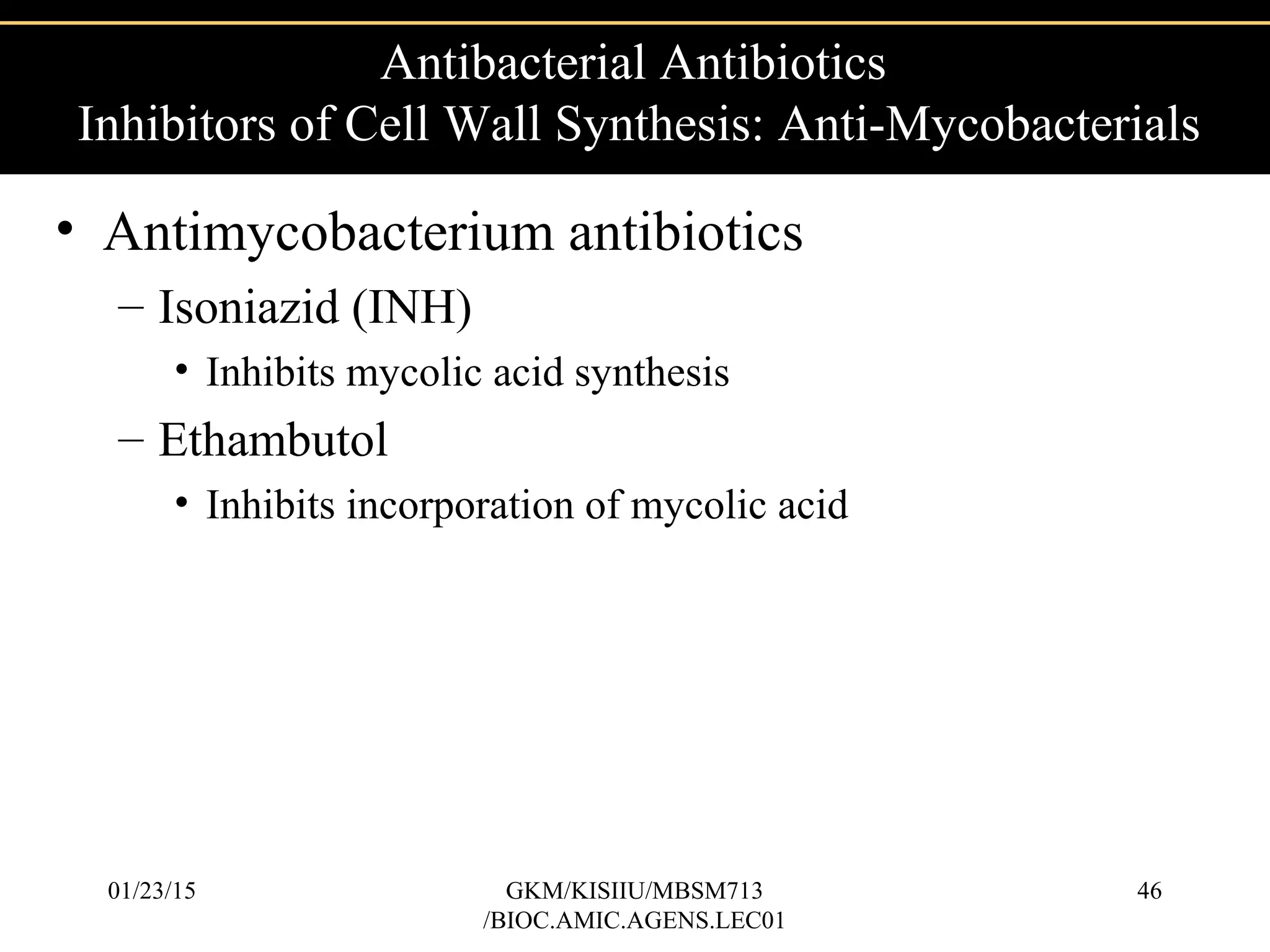 • Antimycobacterium antibiotics
– Isoniazid (INH)
• Inhibits mycolic acid synthesis
– Ethambutol
• Inhibits incorporation of mycolic acid
Antibacterial Antibiotics
Inhibitors of Cell Wall Synthesis: Anti-Mycobacterials
01/23/15 46GKM/KISIIU/MBSM713
/BIOC.AMIC.AGENS.LEC01
 