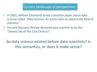 • In 2001, William Cleveland wrote a position paper about data
science called “Data Science: An action plan to expand the ...