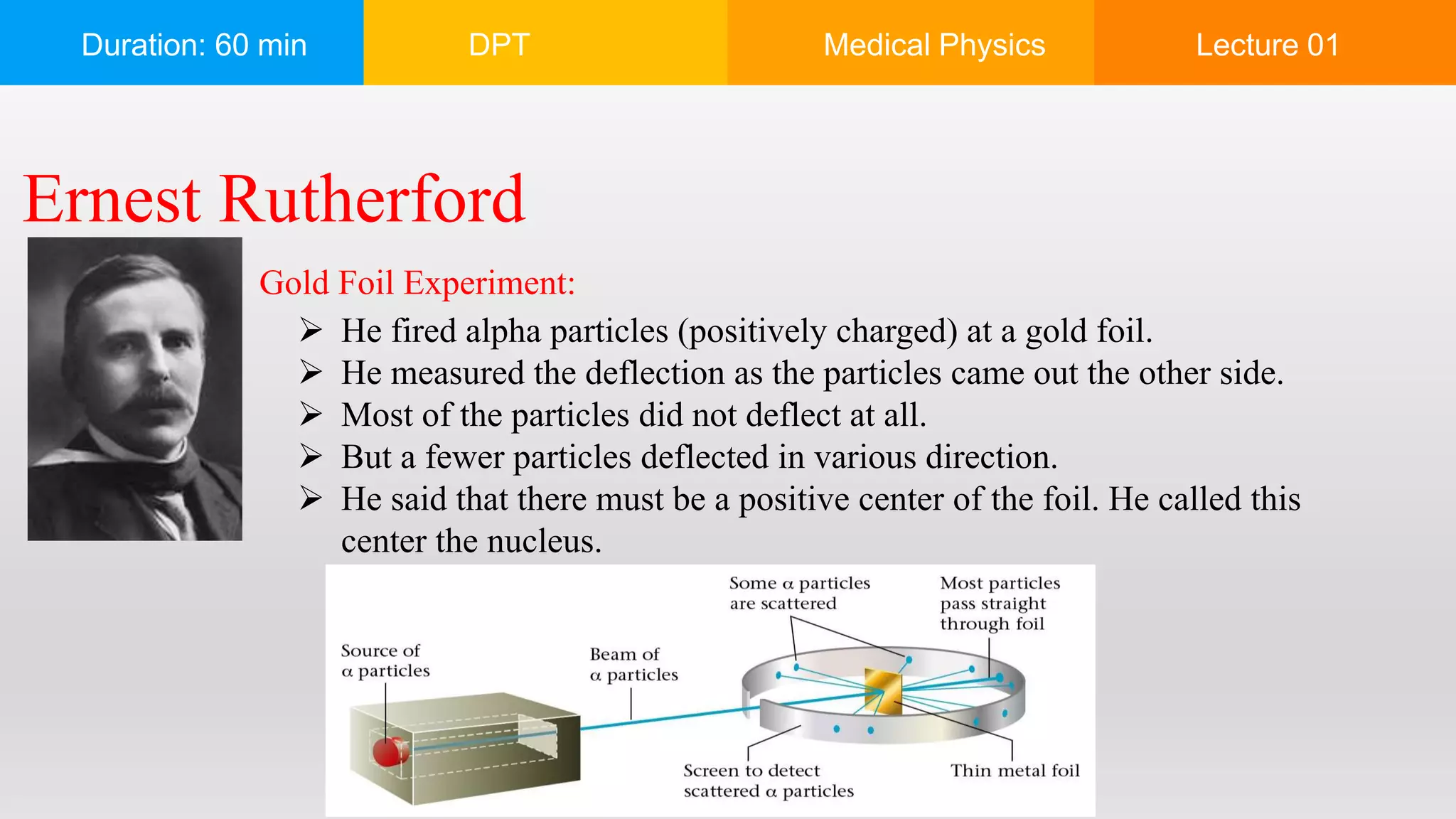 Duration: 60 min DPT Medical Physics Lecture 01
Ernest Rutherford
Gold Foil Experiment:
 He fired alpha particles (positively charged) at a gold foil.
 He measured the deflection as the particles came out the other side.
 Most of the particles did not deflect at all.
 But a fewer particles deflected in various direction.
 He said that there must be a positive center of the foil. He called this
center the nucleus.
 