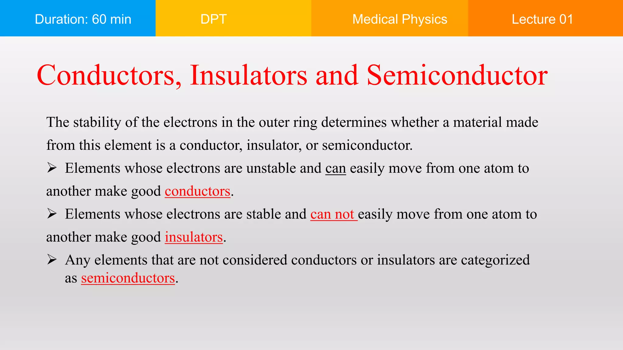 Duration: 60 min DPT Medical Physics Lecture 01
Conductors, Insulators and Semiconductor
The stability of the electrons in the outer ring determines whether a material made
from this element is a conductor, insulator, or semiconductor.
 Elements whose electrons are unstable and can easily move from one atom to
another make good conductors.
 Elements whose electrons are stable and can not easily move from one atom to
another make good insulators.
 Any elements that are not considered conductors or insulators are categorized
as semiconductors.
 