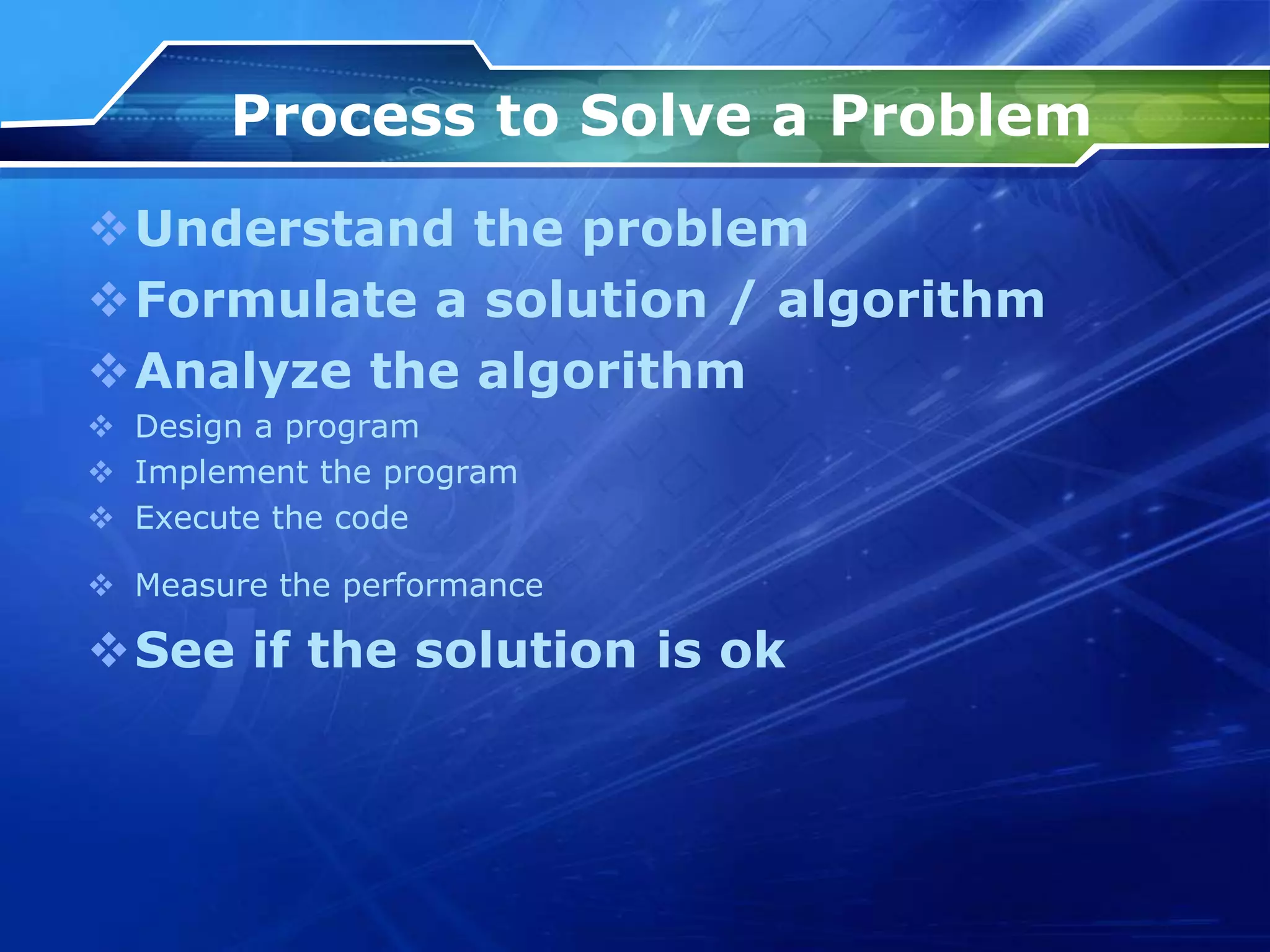 Process to Solve a Problem
Understand the problem
Formulate a solution / algorithm
Analyze the algorithm
 Design a program
 Implement the program
 Execute the code
 Measure the performance
See if the solution is ok
 