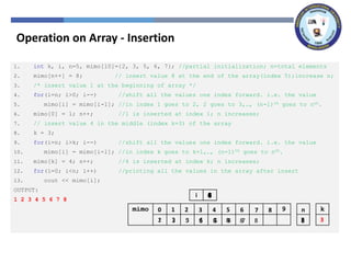 1. int k, i, n=5, mimo[10]={2, 3, 5, 6, 7}; //partial initialization; n=total elements
2. mimo[n++] = 8; // insert value 8 at the end of the array(index 5);increase n;
3. /* insert value 1 at the beginning of array */
4. for(i=n; i>0; i--) //shift all the values one index forward. i.e. the value
5. mimo[i] = mimo[i-1]; //in index 1 goes to 2, 2 goes to 3,…, (n-1)th goes to nth.
6. mimo[0] = 1; n++; //1 is inserted at index 1; n increases;
7. // insert value 4 in the middle (index k=3) of the array
8. k = 3;
9. for(i=n; i>k; i--) //shift all the values one index forward. i.e. the value
10. mimo[i] = mimo[i-1]; //in index k goes to k+1,…, (n-1)th goes to nth.
11. mimo[k] = 4; n++; //4 is inserted at index k; n increases;
12. for(i=0; i<n; i++) //printing all the values in the array after insert
13. cout << mimo[i];
OUTPUT:
1 2 3 4 5 6 7 8
mimo 9 k
2 5 6 7
3 8 5
6
2 5 6 7
3 8
1 7 3
5 6 7 8
4 8
0 2
1 4
3 6
5 7
0
1
2
3
4
5
6
7
8
8 n
i
Operation on Array - Insertion
 