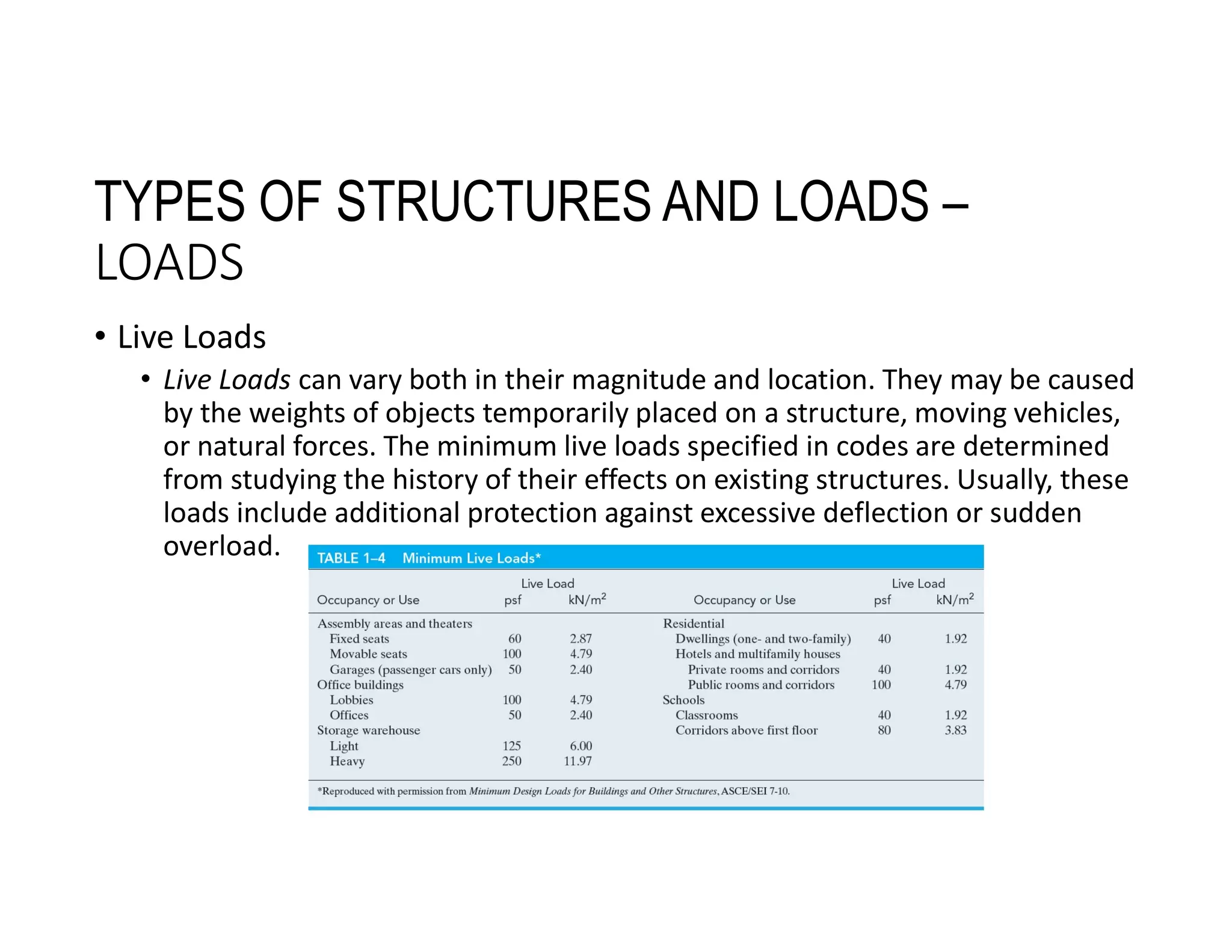 TYPES OF STRUCTURES AND LOADS –
LOADS
• Live Loads
• Live Loads can vary both in their magnitude and location. They may be caused
by the weights of objects temporarily placed on a structure, moving vehicles,
or natural forces. The minimum live loads specified in codes are determined
from studying the history of their effects on existing structures. Usually, these
loads include additional protection against excessive deflection or sudden
overload.
 