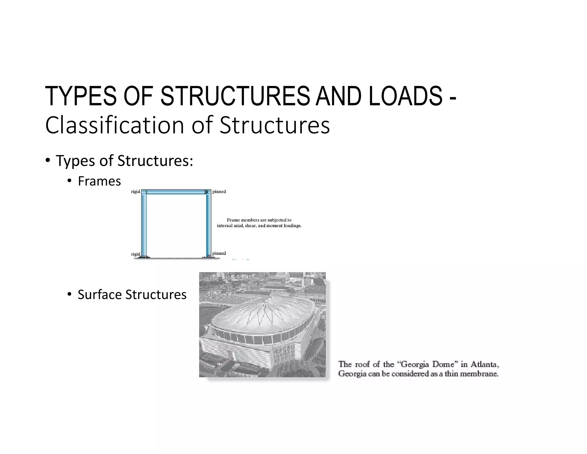 TYPES OF STRUCTURES AND LOADS -
Classification of Structures
• Types of Structures:
• Frames
• Surface Structures
 