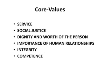 Core-Values
• SERVICE
• SOCIAL JUSTICE
• DIGNITY AND WORTH OF THE PERSON
• IMPORTANCE OF HUMAN RELATIONSHIPS
• INTEGRITY
• COMPETENCE
 