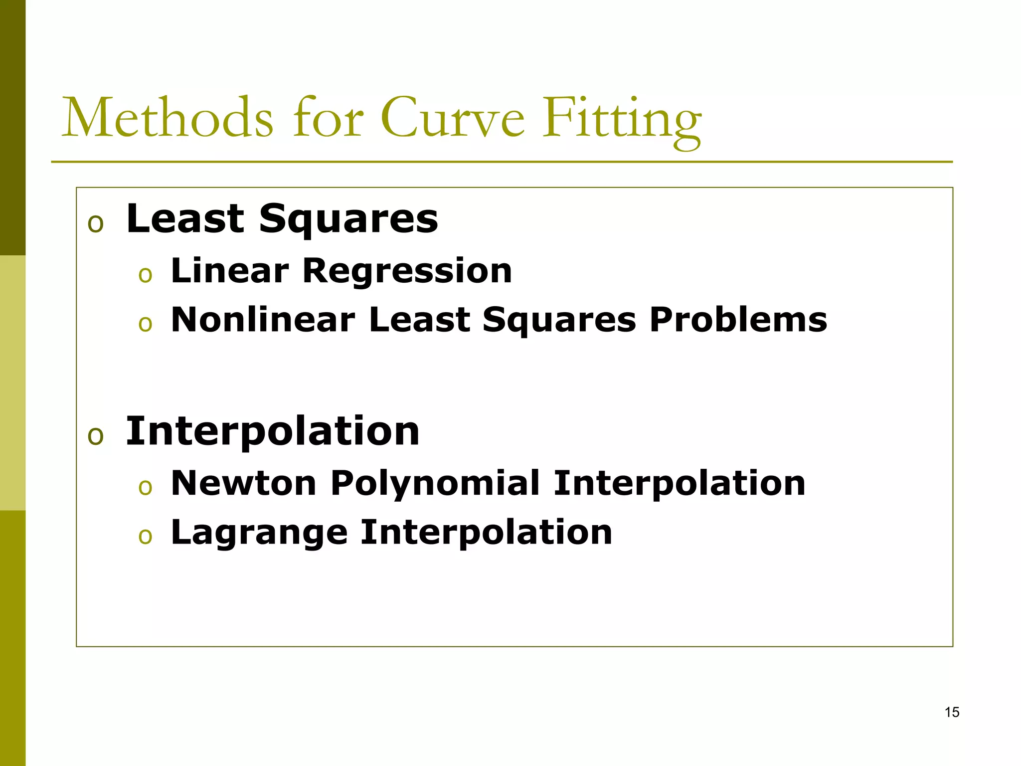 15
Methods for Curve Fitting
o Least Squares
o Linear Regression
o Nonlinear Least Squares Problems
o Interpolation
o Newton Polynomial Interpolation
o Lagrange Interpolation
 