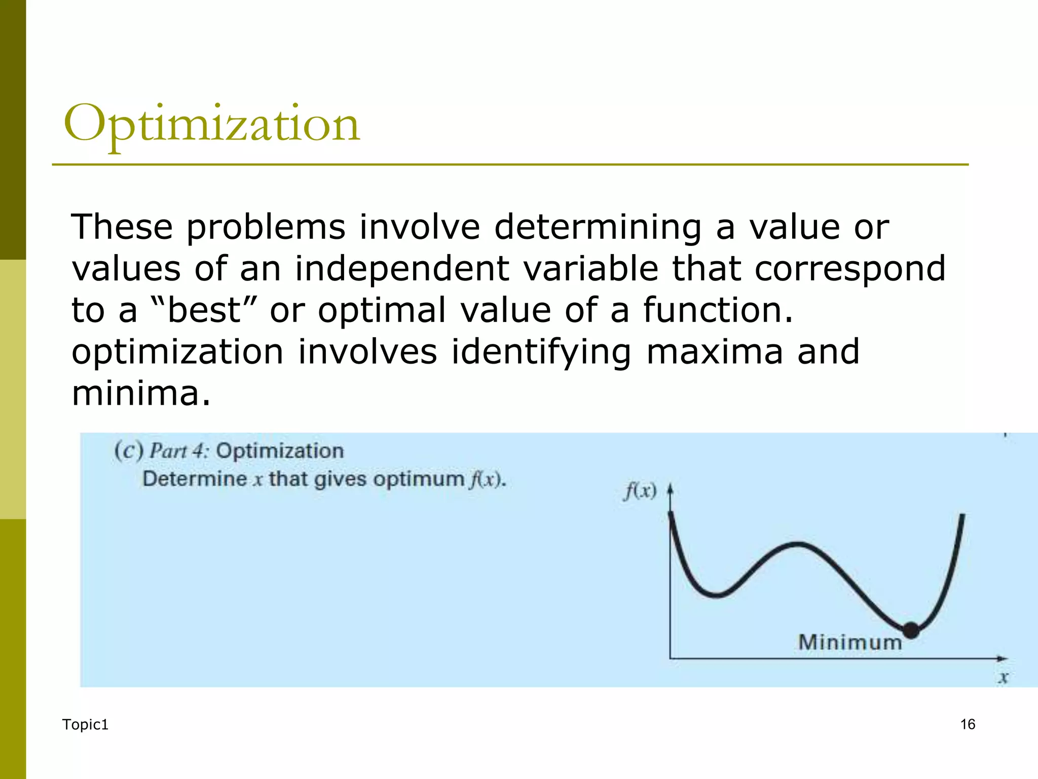 Optimization
Topic1 16
These problems involve determining a value or
values of an independent variable that correspond
to a “best” or optimal value of a function.
optimization involves identifying maxima and
minima.
 