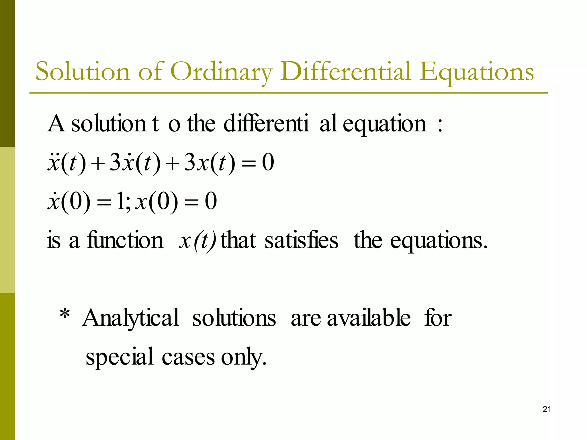 21
Solution of Ordinary Differential Equations
only.
cases
special
for
available
are
solutions
Analytical
*
equations.
the
satisfies
that
function
a
is
0
)
0
(
;
1
)
0
(
0
)
(
3
)
(
3
)
(
:
equation
al
differenti
the
o
solution t
A
x(t)
x
x
t
x
t
x
t
x









 