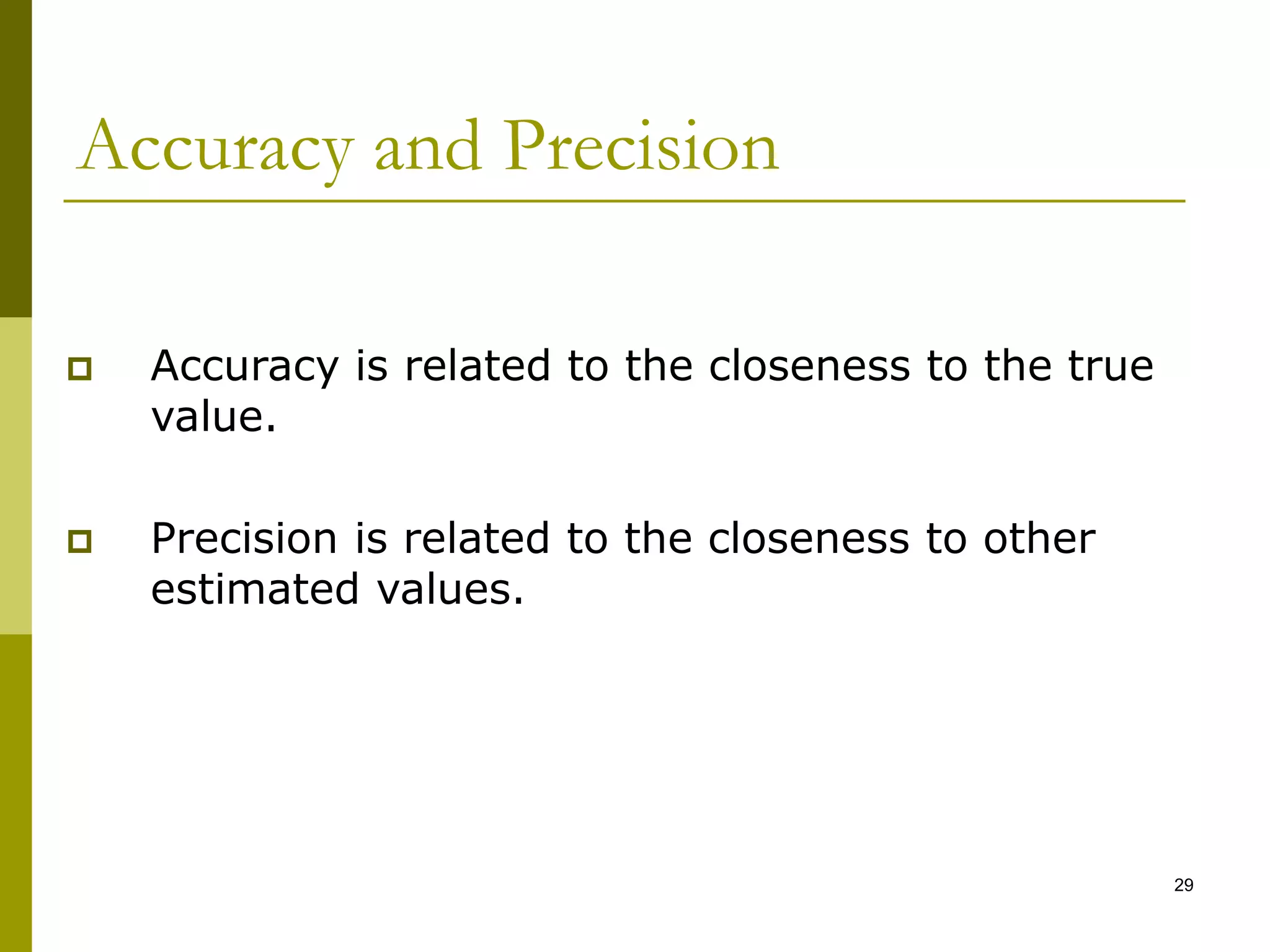 29
Accuracy and Precision
 Accuracy is related to the closeness to the true
value.
 Precision is related to the closeness to other
estimated values.
 