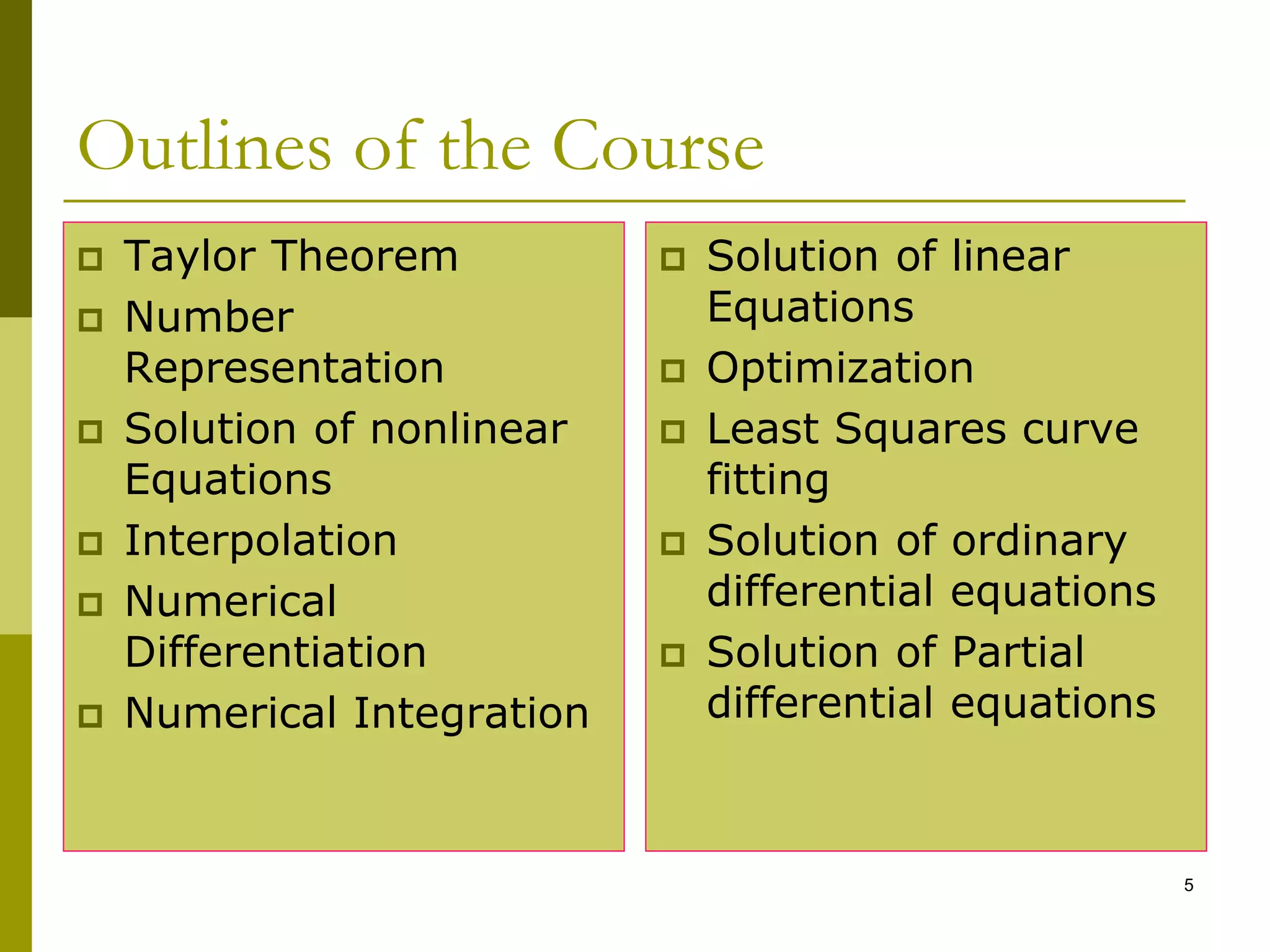 5
Outlines of the Course
 Taylor Theorem
 Number
Representation
 Solution of nonlinear
Equations
 Interpolation
 Numerical
Differentiation
 Numerical Integration
 Solution of linear
Equations
 Optimization
 Least Squares curve
fitting
 Solution of ordinary
differential equations
 Solution of Partial
differential equations
 