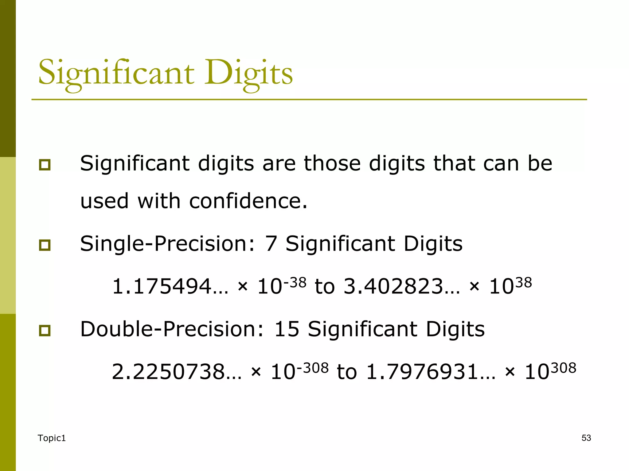 Topic1 53
Significant Digits
 Significant digits are those digits that can be
used with confidence.
 Single-Precision: 7 Significant Digits
1.175494… × 10-38 to 3.402823… × 1038
 Double-Precision: 15 Significant Digits
2.2250738… × 10-308 to 1.7976931… × 10308
 