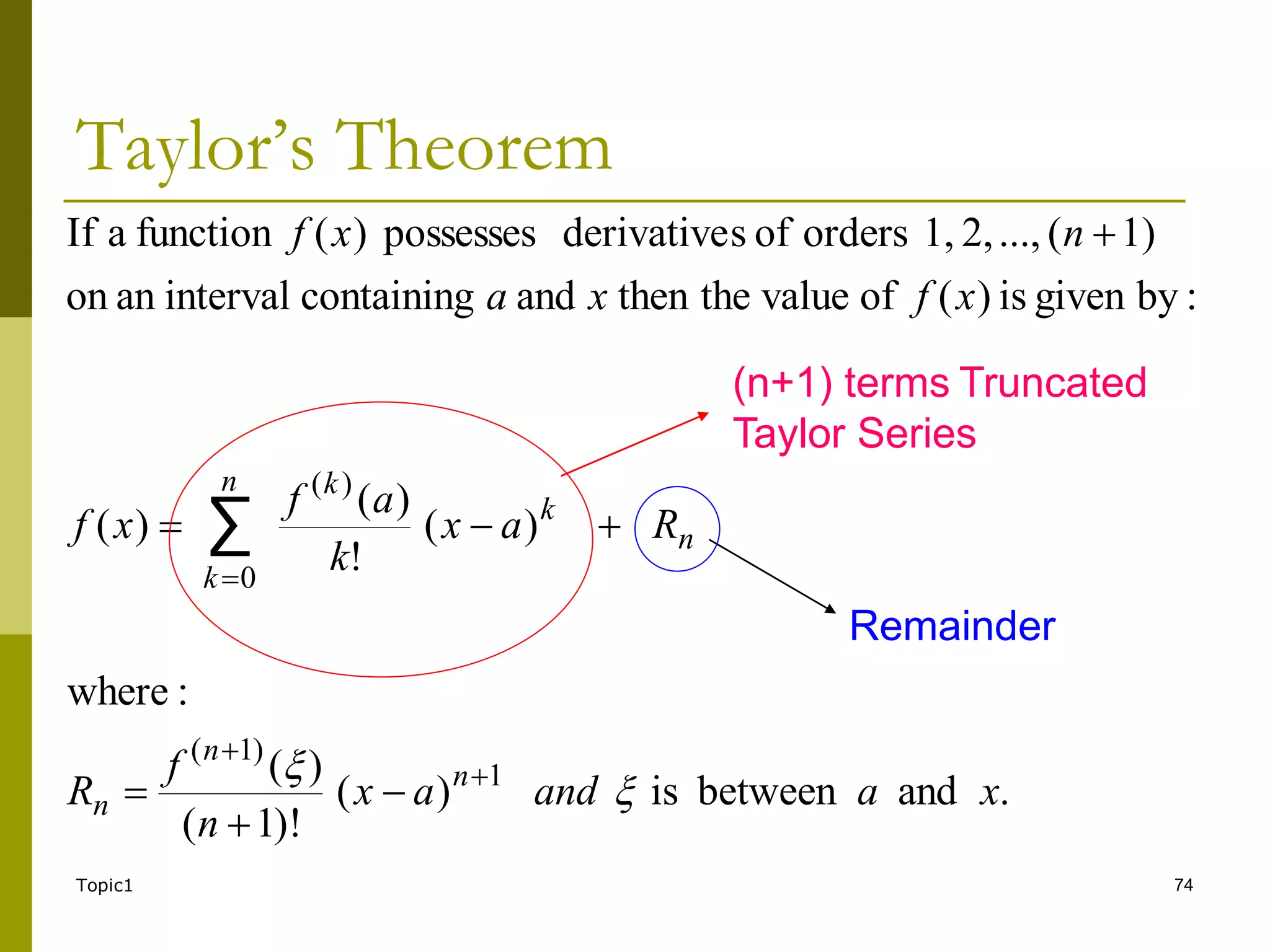 Topic1 74
Taylor’s Theorem
.
and
between
is
)
(
)!
1
(
)
(
:
where
)
(
!
)
(
)
(
:
by
given
is
)
(
of
value
the
then
and
containing
interval
an
on
1)
(
...,
2,
1,
orders
of
s
derivative
possesses
)
(
function
a
If
1
)
1
(
0
)
(
∑
x
a
and
a
x
n
f
R
R
a
x
k
a
f
x
f
x
f
x
a
n
x
f
n
n
n
n
n
k
k
k

 









(n+1) terms Truncated
Taylor Series
Remainder
 