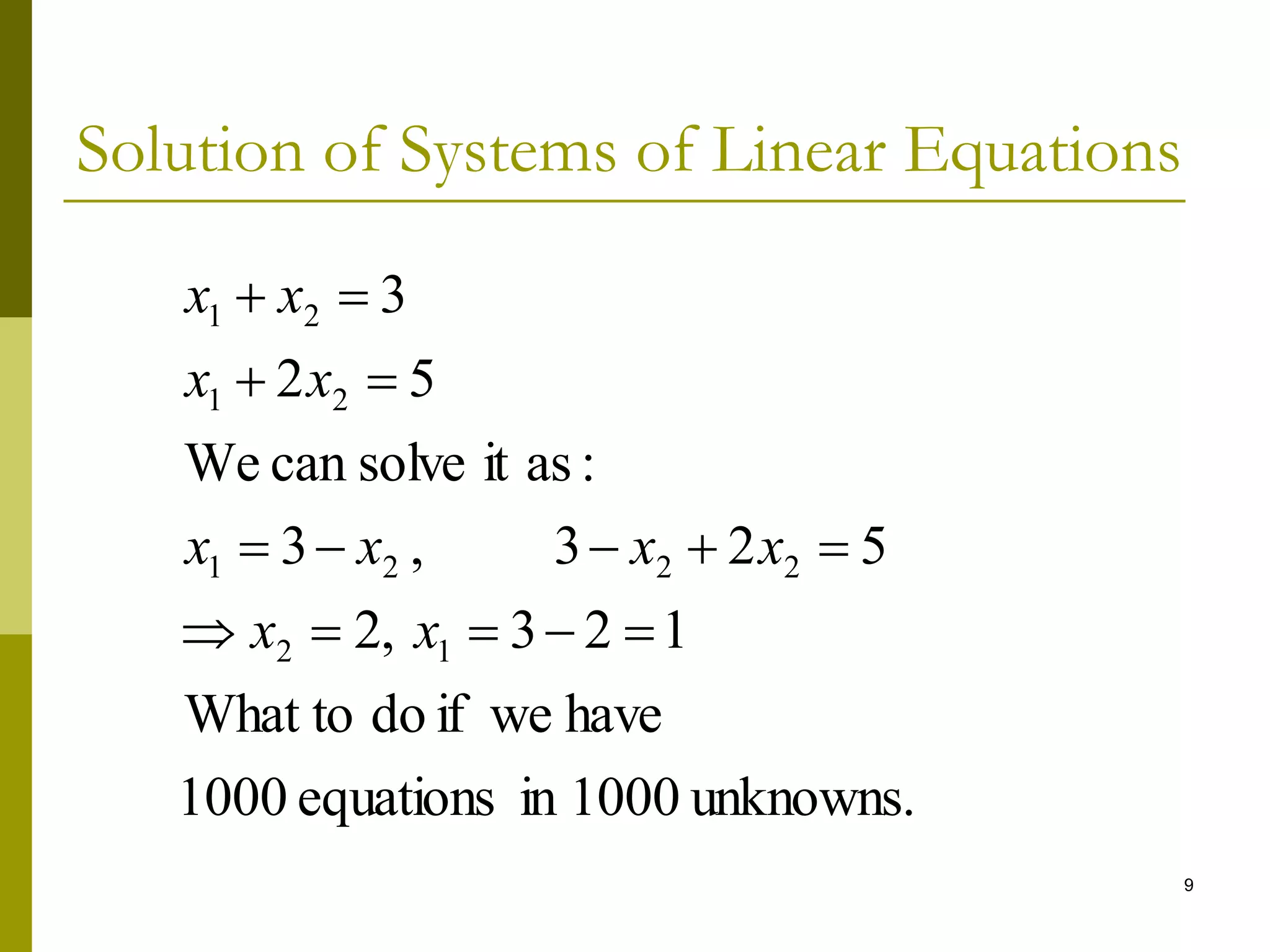 9
Solution of Systems of Linear Equations
unknowns.
1000
in
equations
1000
have
we
if
do
What to
1
2
3
,
2
5
2
3
,
3
:
as
it
solve
can
We
5
2
3
1
2
2
2
2
1
2
1
2
1














x
x
x
x
x
x
x
x
x
x
 