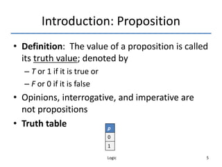 Logic 5
Introduction: Proposition
• Definition: The value of a proposition is called
its truth value; denoted by
– T or 1 if it is true or
– F or 0 if it is false
• Opinions, interrogative, and imperative are
not propositions
• Truth table p
0
1
 