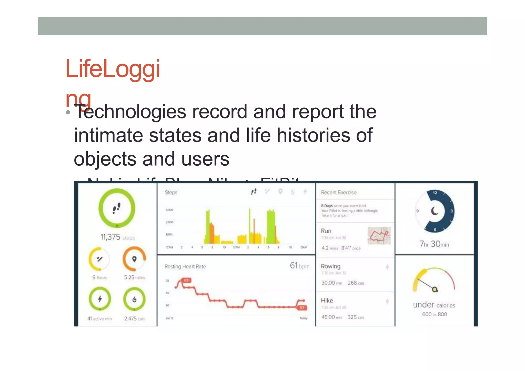 LifeLoggi
ng
• Technologies record and report the
intimate states and life histories of
objects and users
• Nokia LifeBlog, Nike+, FitBit
 