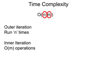 Time Complexity
O( n m )
Outer iteration
Run ‘n’ times
Inner Iteration
O(m) operations
 