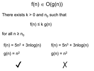 f(n)  O(g(n))
There exists k > 0 and n0 such that
f(n) ≤ k g(n)
for all n ≥ n0
f(n) = 5n2 + 3nlog(n)
g(n) = n2
f(n) = 5n3 + 3nlog(n)
g(n) = n2
✔ ✗
 
