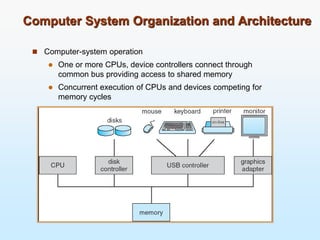Computer System Organization and Architecture
 Computer-system operation
 One or more CPUs, device controllers connect through
common bus providing access to shared memory
 Concurrent execution of CPUs and devices competing for
memory cycles
 