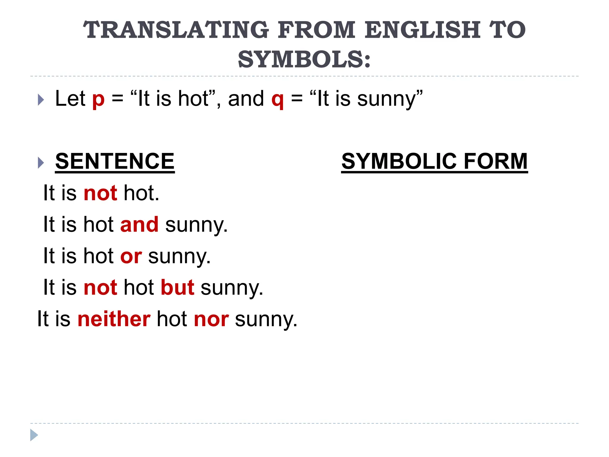 TRANSLATING FROM ENGLISH TO
SYMBOLS:
 Let p = “It is hot”, and q = “It is sunny”
 SENTENCE SYMBOLIC FORM
It is not hot.
It is hot and sunny.
It is hot or sunny.
It is not hot but sunny.
It is neither hot nor sunny.
 
